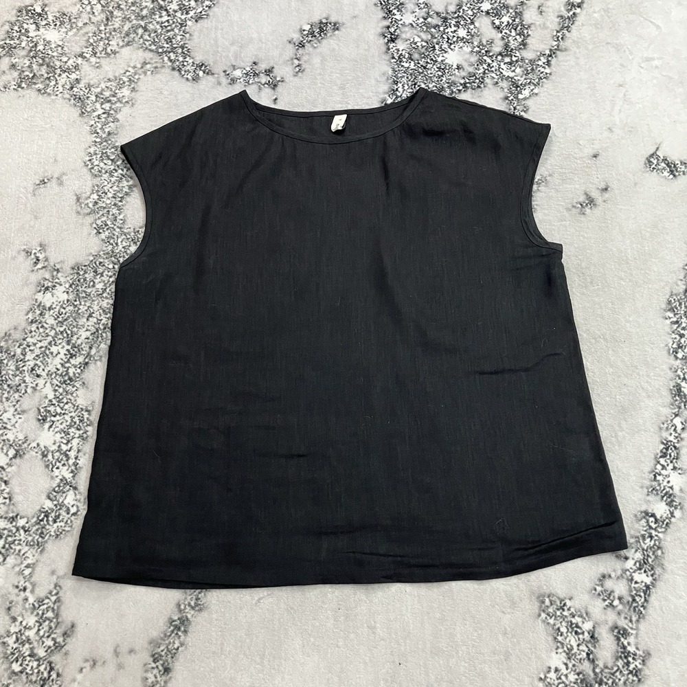 Amazhiyu Womens L Black 100% Linen Sleeveless Crew Neck Relaxed Pullover Top